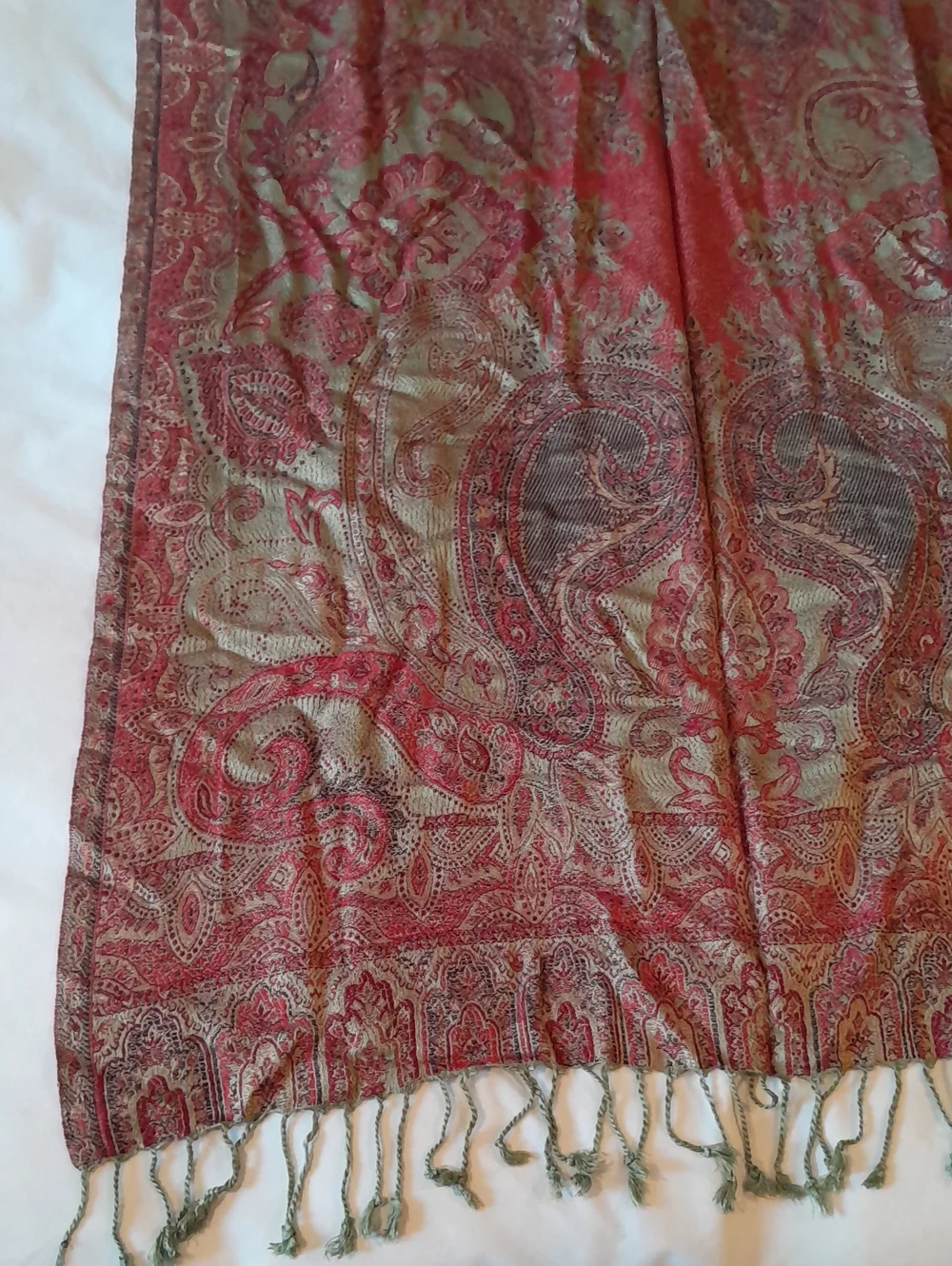 Red & Sage Green Paisley Pashmina Blanket Scarf with Fringe